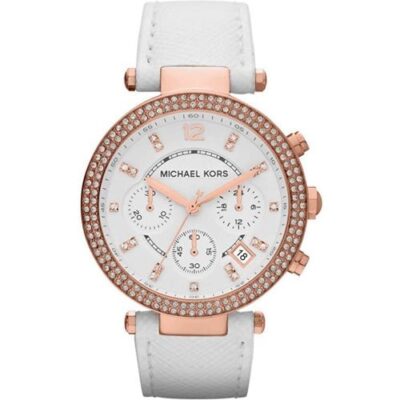 Michael Kors Ladies Parker Rose Gold/White Leather Chronograph Watch - MK2281